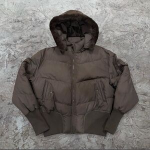 Vintage Vision Sports Brown Hooded Puffer Jacket Faux Fur Trim